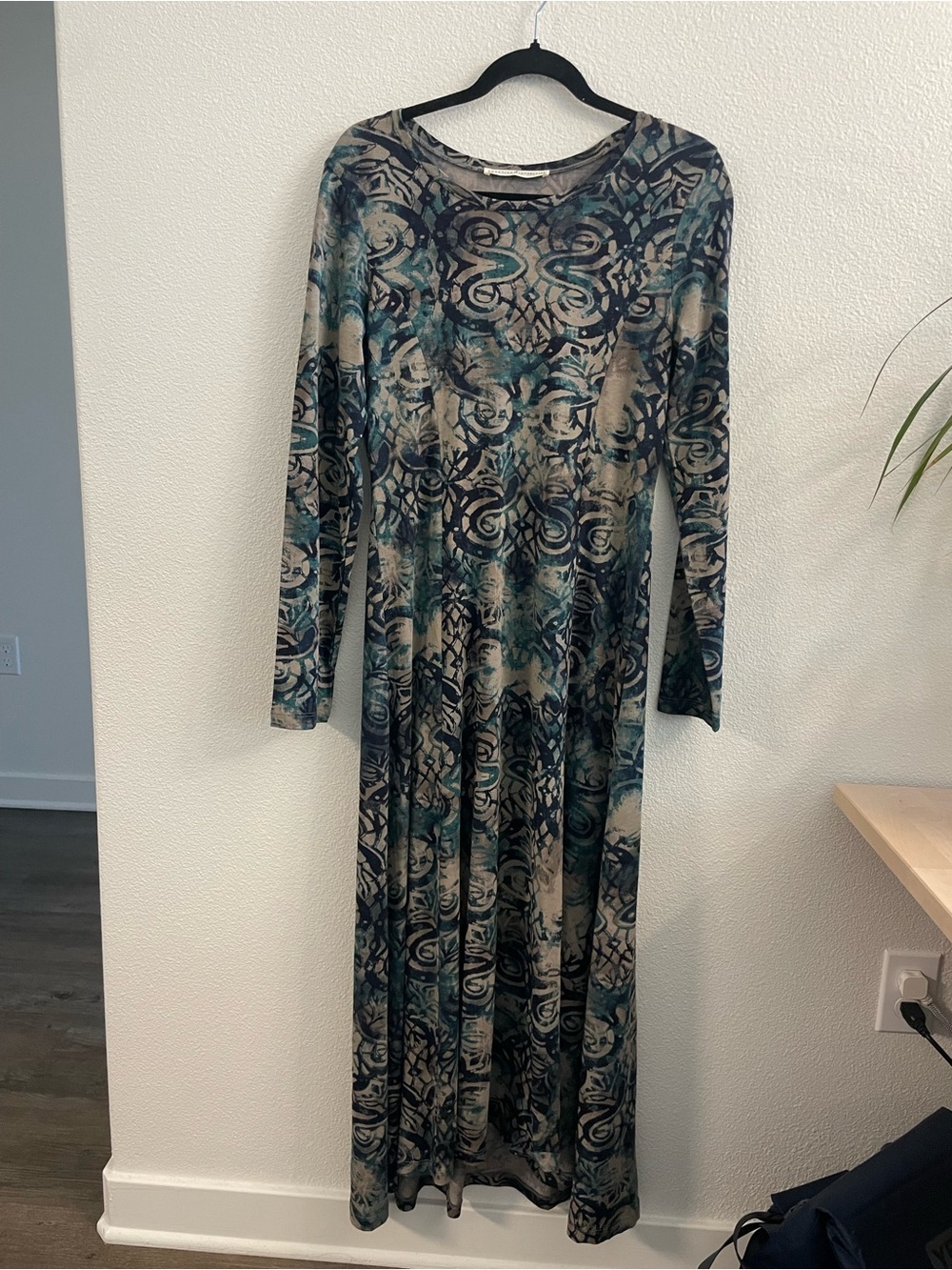 Peruvian Connection Teal, Beige and Navy Printed Long-Sleeve Maxi Dress